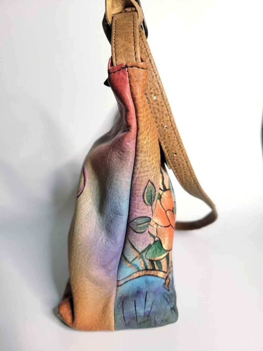 ANUSCHKA Painted Genuine Leather Hobo Shoulder Bag Tan Flowers Butterflies Purse